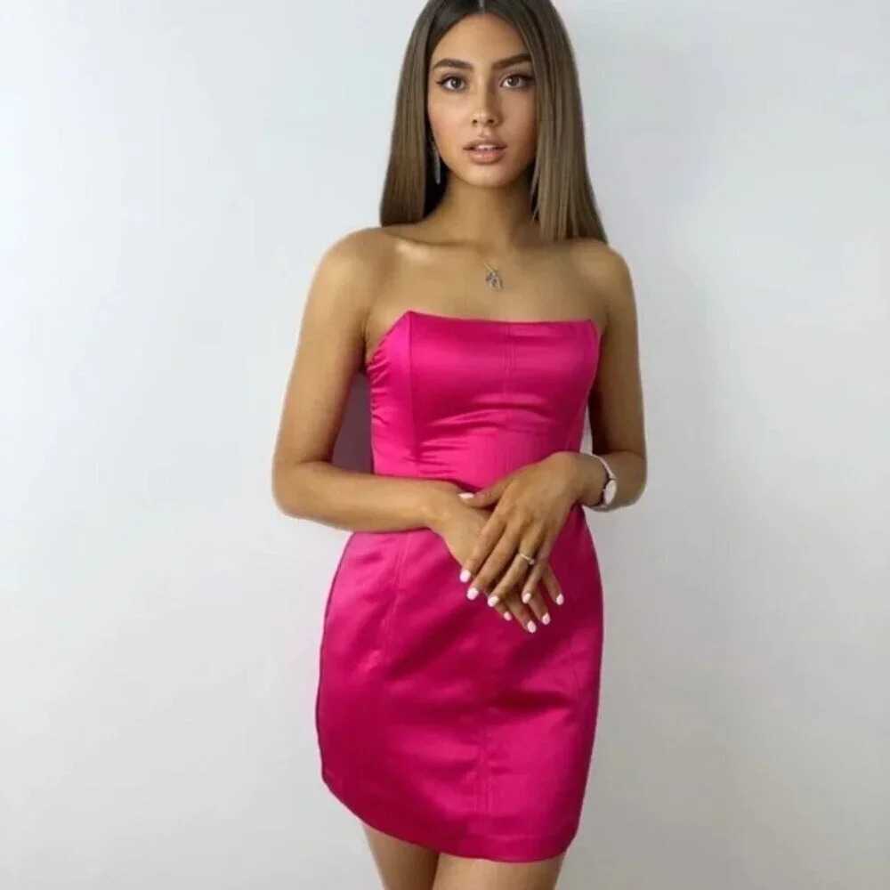 Zara Fuchsia Satin Effect Mini Dress Strapless Pink Blogger Fav Size Small